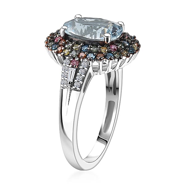 Shop Lc Premium Mangoro Aquamarine And Luxuriant Lab Grown Multi Diamond SI 2.75 Ctw Floral Fiesta Ring In Rhodium Over Sterling Silver (Del. In 5-7 Days)