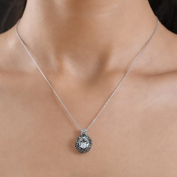 Shop Lc Premium Mangoro Aquamarine And Luxuriant Lab Grown Multi Diamond SI 2.65 Ctw Floral Fiesta Pendant Necklace In Rhodium Over Sterling Silver 20 Inches (Del. In 5-7 Days)