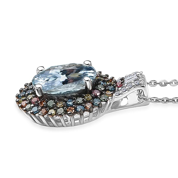 Shop Lc Premium Mangoro Aquamarine And Luxuriant Lab Grown Multi Diamond SI 2.65 Ctw Floral Fiesta Pendant Necklace In Rhodium Over Sterling Silver 20 Inches (Del. In 5-7 Days)