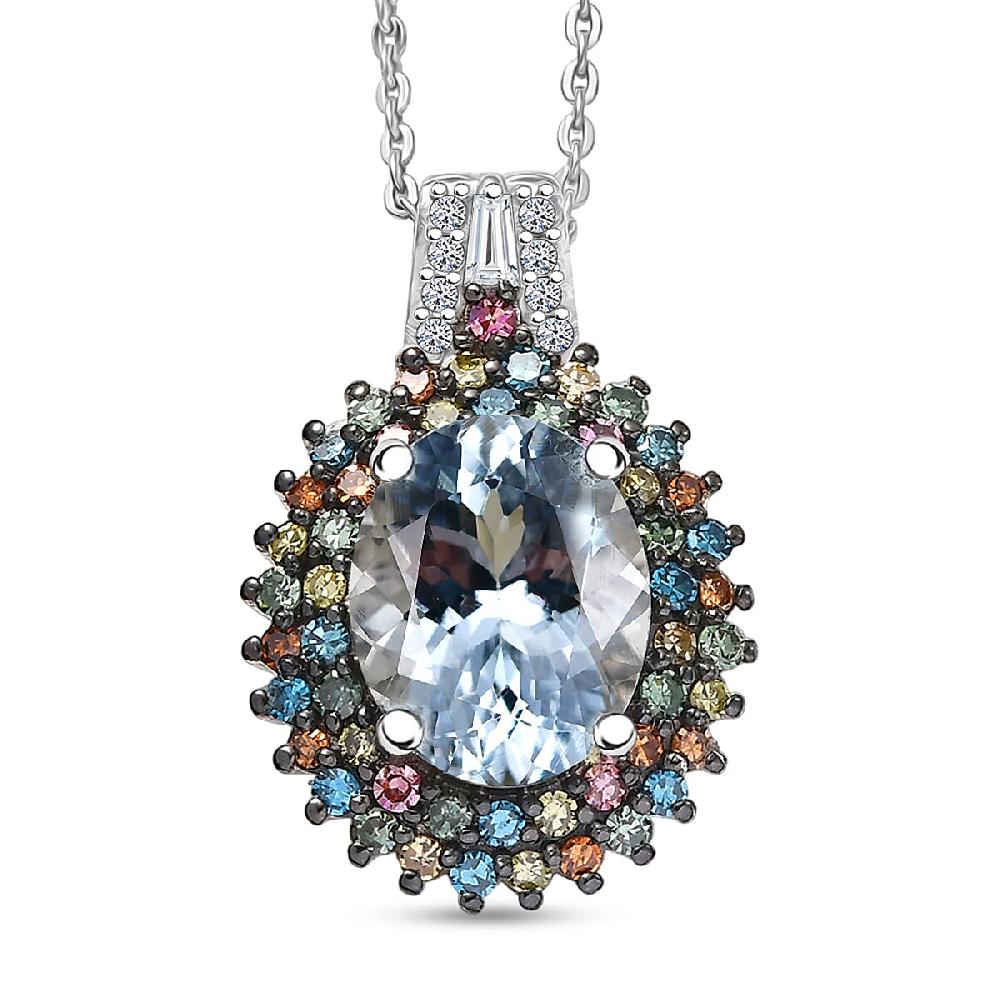 shop lc Premium Mangoro Aquamarine and Luxuriant Lab Grown Multi Diamond SI 2.65 ctw Floral Fiesta Pendant Necklace in Rhodium Over Sterling Silver 20 Inches (Del. in 5-7 Days)
