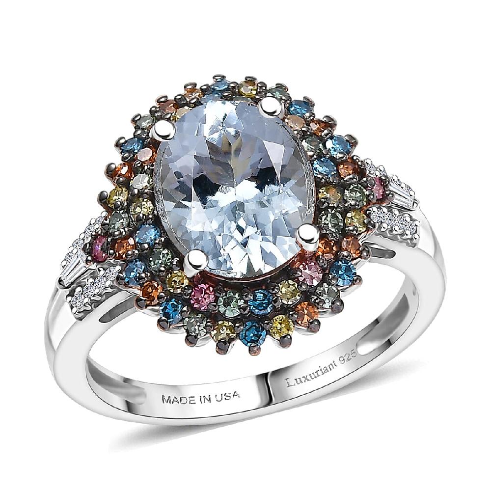 shop lc Premium Mangoro Aquamarine and Luxuriant Lab Grown Multi Diamond SI 2.75 ctw Floral Fiesta Ring in Rhodium Over Sterling Silver (Del. in 5-7 Days)