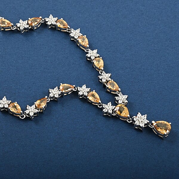 Shop Lc Premium Tanzania Yellow Zircon And White Zircon 16.40 Ctw Floral Necklace 18 Inches In Rhodium Over Sterling Silver