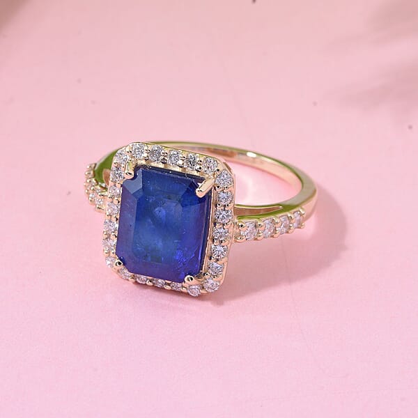 Shop Lc Premium Tanzanian Blue Spinel (DF) And Luxuriant Lab Grown Diamond G-H SI 4.40 Ctw Majestic Halo Ring In 10K Yellow Gold