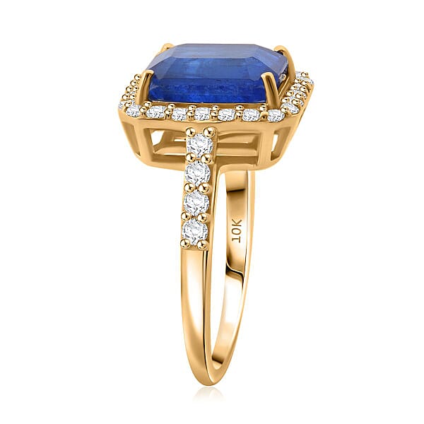 Shop Lc Premium Tanzanian Blue Spinel (DF) And Luxuriant Lab Grown Diamond G-H SI 4.40 Ctw Majestic Halo Ring In 10K Yellow Gold