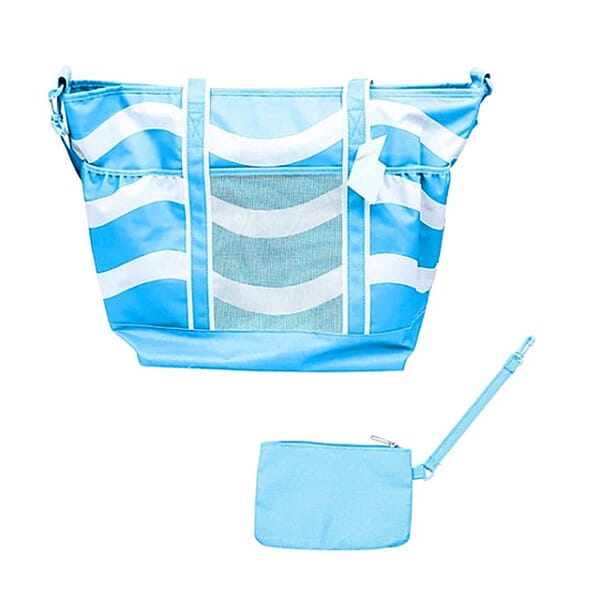 Shop Lc Primo Jumbo Insulated Beach Tote With Wet Pouch In Ocean Blue Wavy Lines Pattern