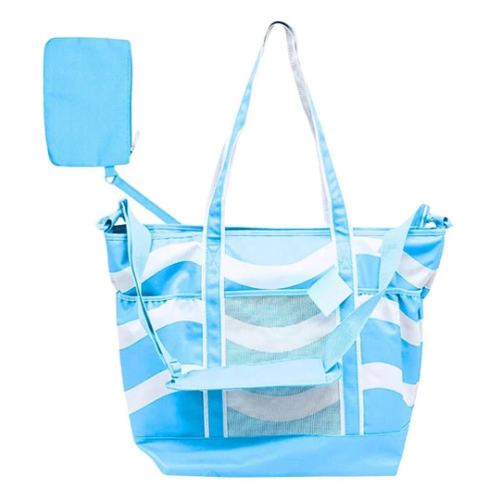 shop lc Primo Jumbo Insulated Beach Tote with Wet Pouch in Ocean Blue Wavy Lines Pattern
