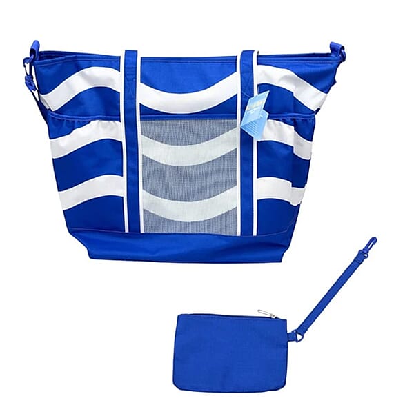 Shop Lc Primo Jumbo Insulated Beach Tote With Wet Pouch In Navy Blue Wavy Lines Pattern