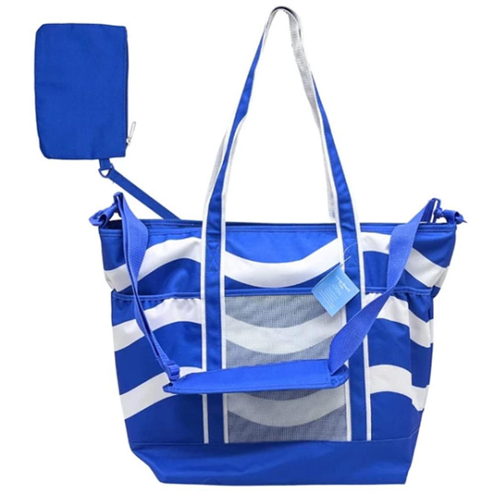 shop lc Primo Jumbo Insulated Beach Tote with Wet Pouch in Navy Blue Wavy Lines Pattern