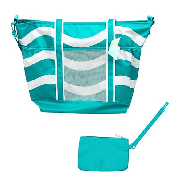 Shop Lc Primo Jumbo Insulated Beach Tote With Wet Pouch In Teal Wavy Lines Pattern