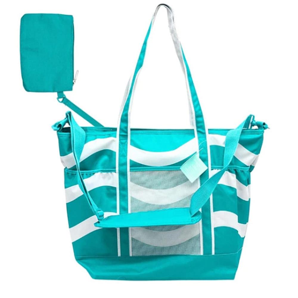 shop lc Primo Jumbo Insulated Beach Tote with Wet Pouch in Teal Wavy Lines Pattern