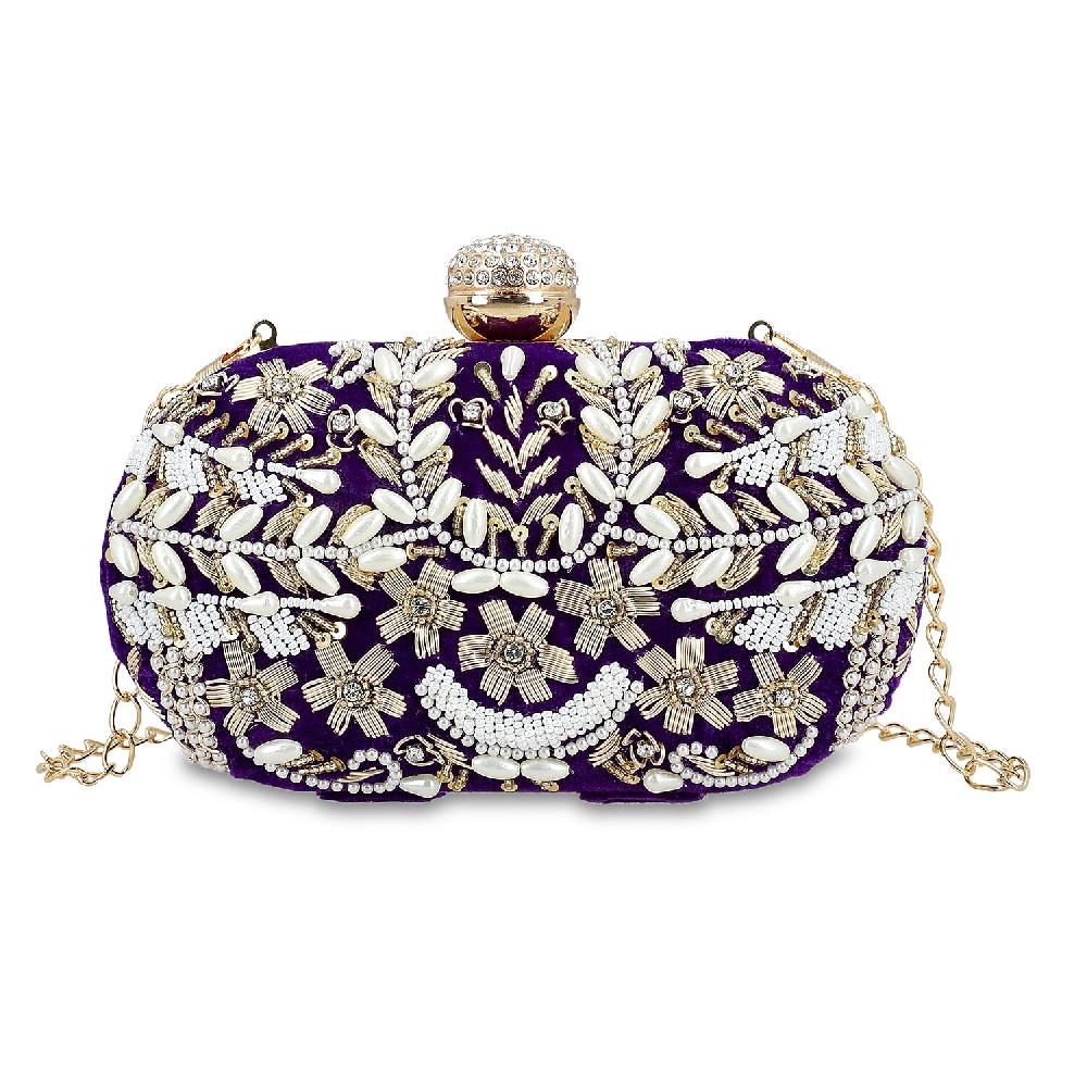 shop lc Purple Hand Embroidery Oval Shaped Pearl Studded Velvet Clutch