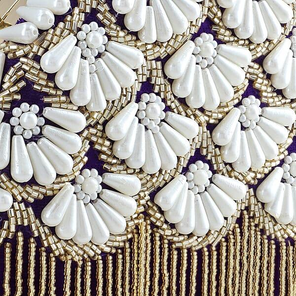 Shop Lc Purple Hand Embroidery Pearl Studded Velvet Clutch With Tassels Ring Handle And Sling Chain