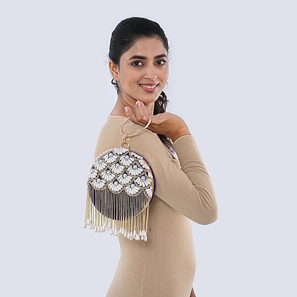 Shop Lc Purple Hand Embroidery Pearl Studded Velvet Clutch With Tassels Ring Handle And Sling Chain