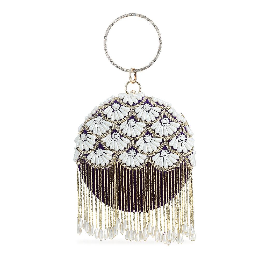 shop lc Purple Hand Embroidery Pearl Studded Velvet Clutch with Tassels Ring Handle and Sling Chain