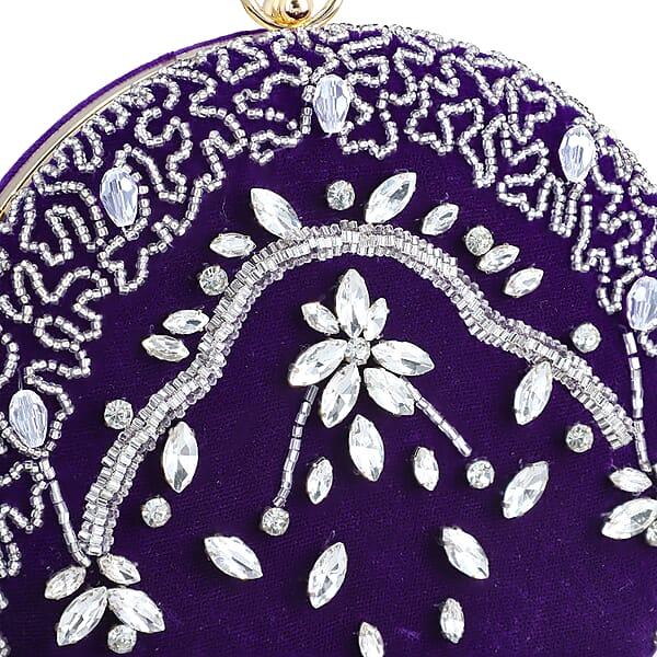 Shop Lc Purple Hand Embroidery Round Shaped Beads Studded Velvet Clutch With Ring Handle And Sling Chain