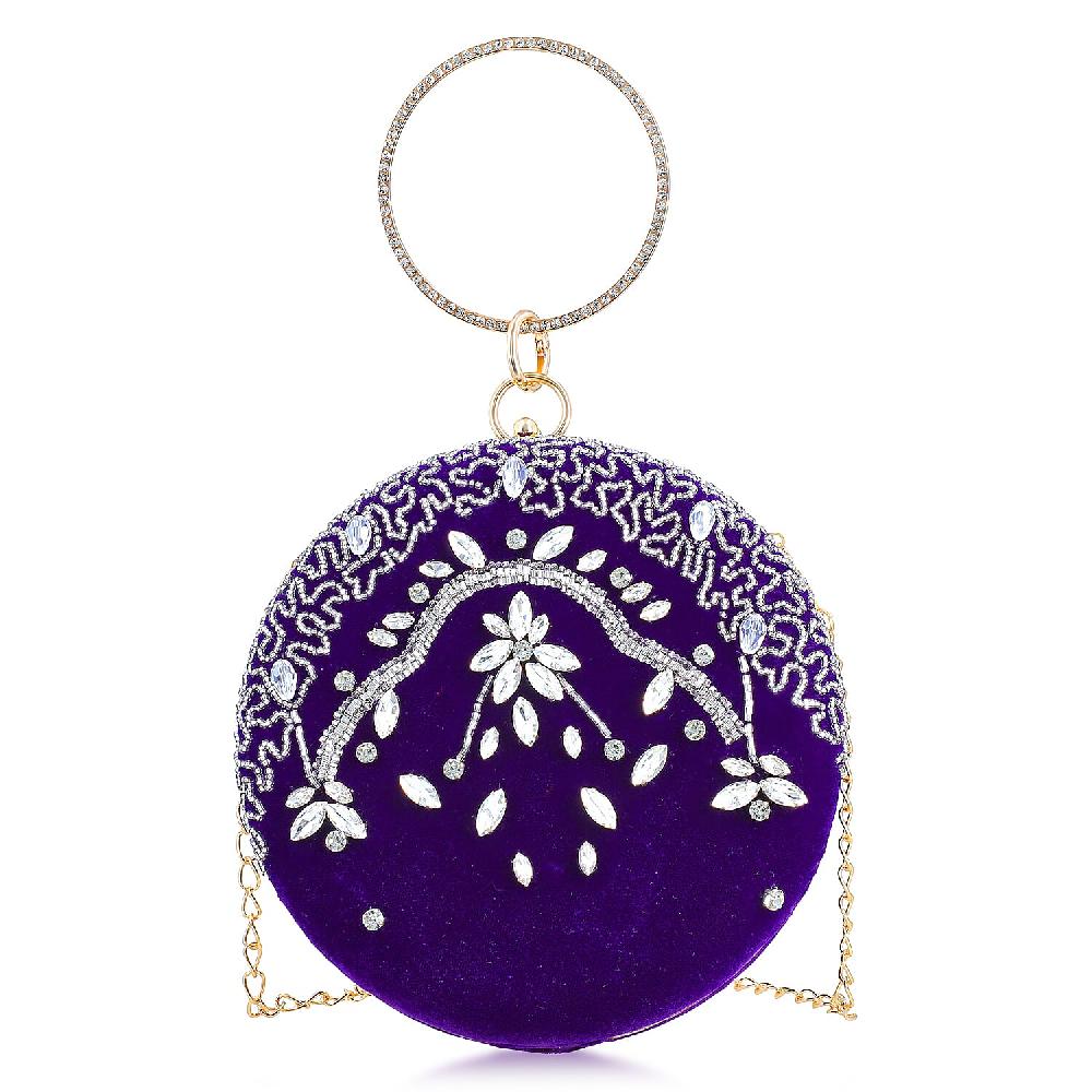 shop lc Purple Hand Embroidery Round Shaped Beads Studded Velvet Clutch with Ring Handle and Sling Chain