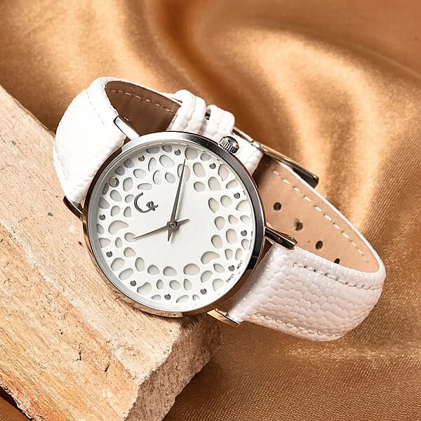 Shop Lc Rachel Galley Diamond Accent Swiss Movement MOP Dial Watch With White Leather Band (6.50-8.25 Inches) (33mm)