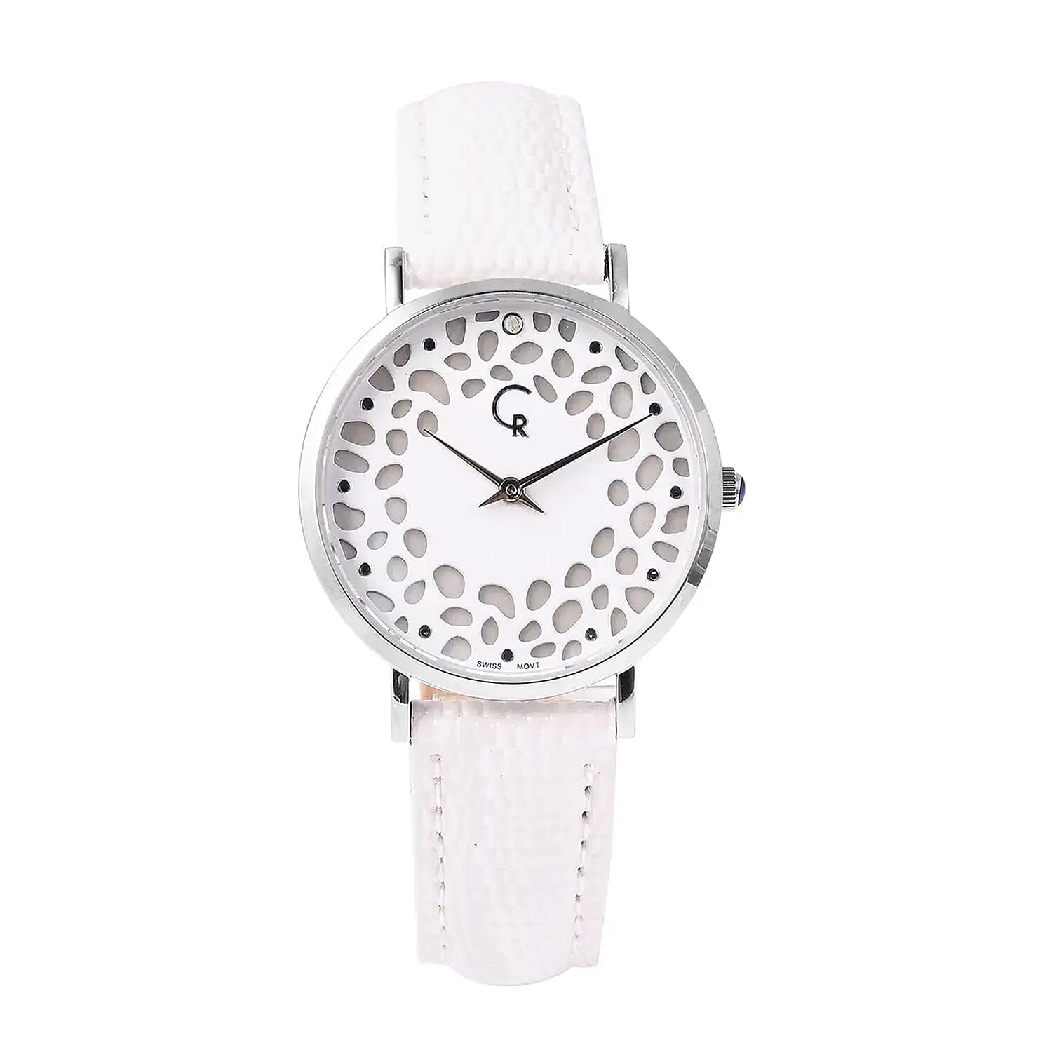 shop lc Rachel Galley Diamond Accent Swiss Movement MOP Dial Watch with White Leather Band (6.50-8.25 Inches) (33mm)