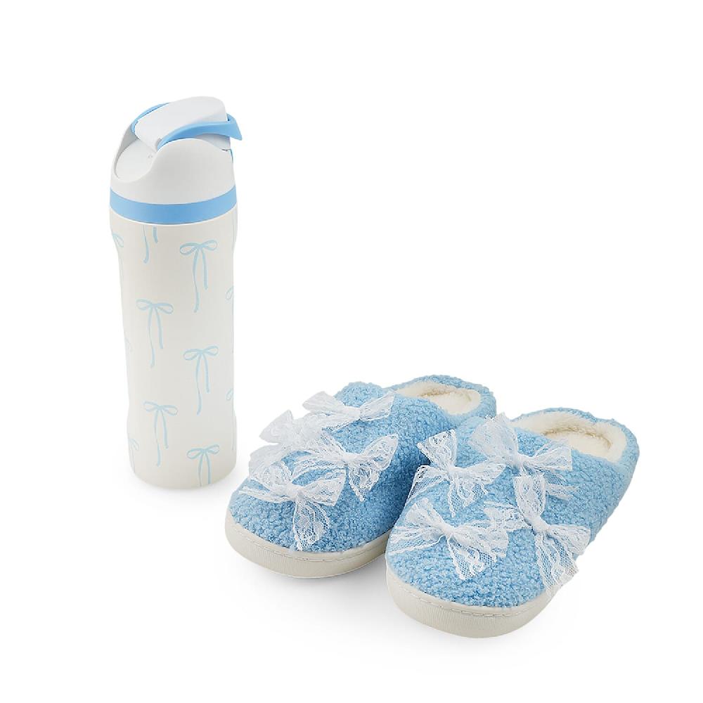 shop lc RAMPAGE Blue Bow Teddy Slippers with Matching Stainless Steel Water Bottle Gift Box – Large (9/10)