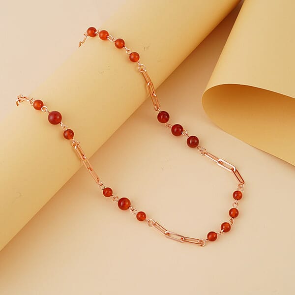 Shop Lc Red Agate 50.00 Ctw Beaded Station And Paper Clip Chain Necklace In ION Plated RG Stainless Steel 30 Inches