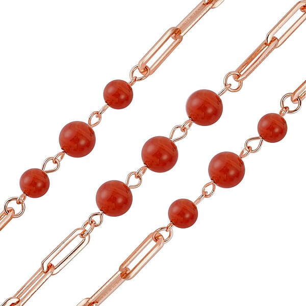 Shop Lc Red Agate 50.00 Ctw Beaded Station And Paper Clip Chain Necklace In ION Plated RG Stainless Steel 30 Inches