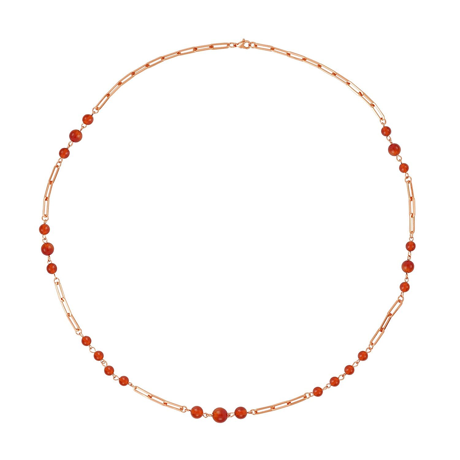 shop lc Red Agate 50.00 ctw Beaded Station and Paper Clip Chain Necklace in ION Plated RG Stainless Steel 30 Inches