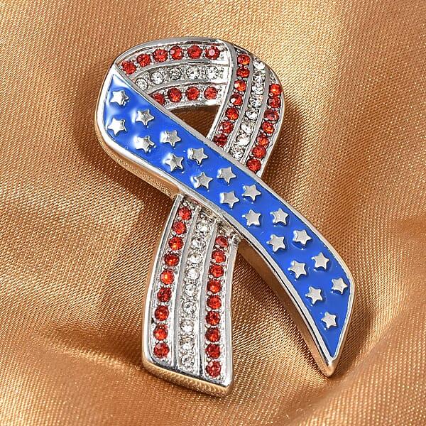 Shop Lc Red And White Austrian Crystal American Flag Ribbon Brooch In Stainless Steel Tarnish-Free Waterproof Sweat Proof Jewelry