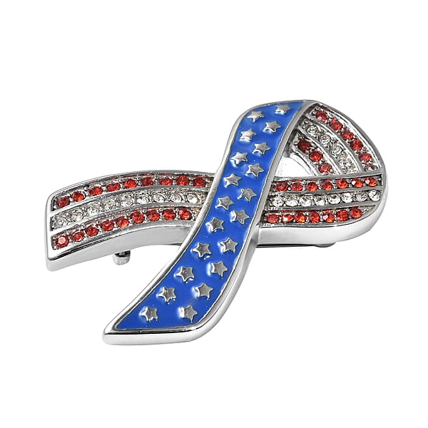 Shop Lc Red And White Austrian Crystal American Flag Ribbon Brooch In Stainless Steel Tarnish-Free Waterproof Sweat Proof Jewelry