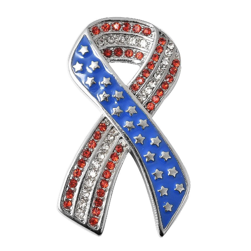 shop lc Red and White Austrian Crystal American Flag Ribbon Brooch in Stainless Steel Tarnish-Free Waterproof Sweat Proof Jewelry