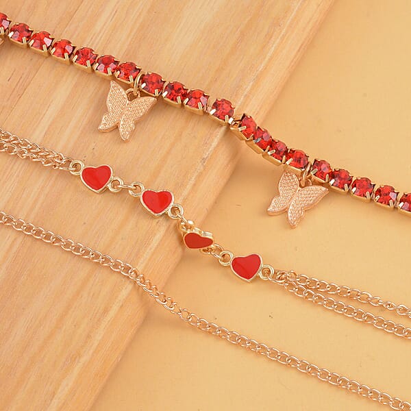 Shop Lc Red Austrian Crystal Enameled Set Of 3 Charms Anklet In Goldtone 10-12 Inches