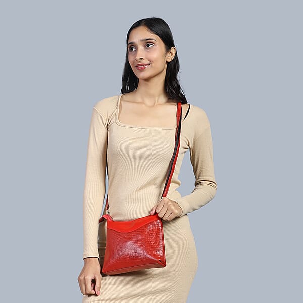 Shop Lc Red Croco Embossed Genuine Leather Tote Bag With Free Crossbody Bag