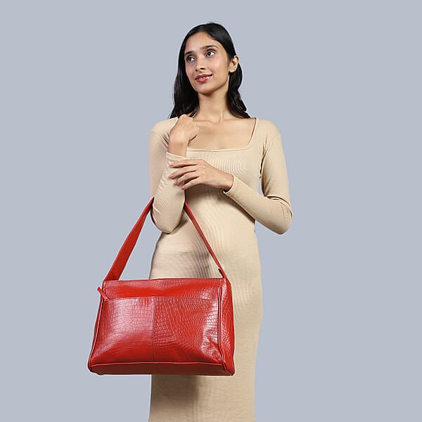 Shop Lc Red Croco Embossed Genuine Leather Tote Bag With Free Crossbody Bag