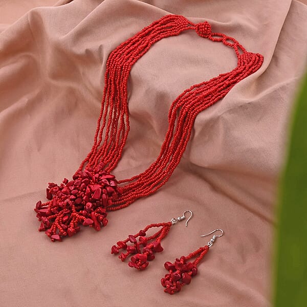 Shop Lc Red Glass Bead & Gemstone Chips Necklace And Earrings In Stainless Steel
