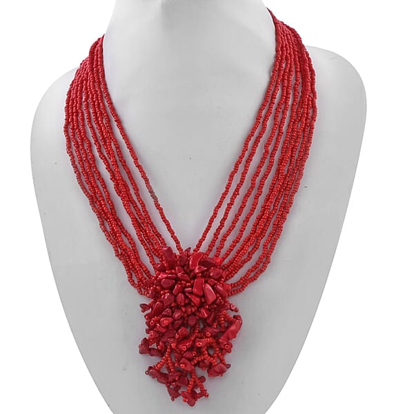 Shop Lc Red Glass Bead & Gemstone Chips Necklace And Earrings In Stainless Steel