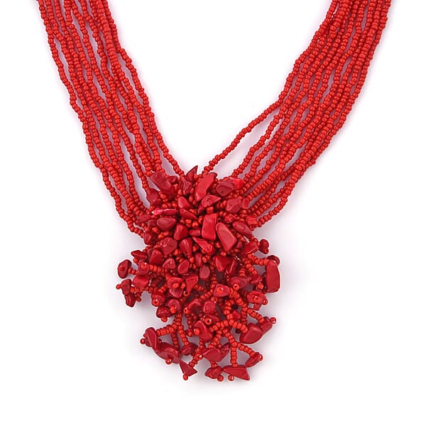 Shop Lc Red Glass Bead & Gemstone Chips Necklace And Earrings In Stainless Steel