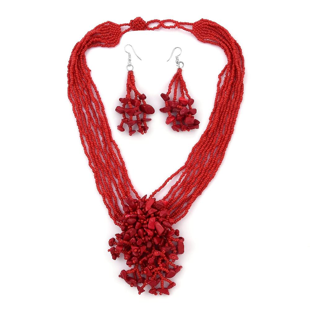 shop lc Red Glass Bead & Gemstone Chips Necklace and Earrings in Stainless Steel