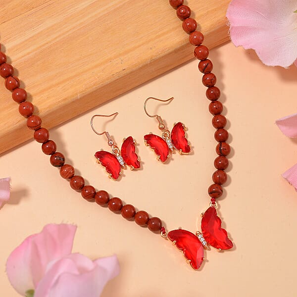 Shop Lc Red Glass Simulated Diamond And Red Jasper 105.15 Ctw Beaded Butterfly Necklace 17-22 Inches And Earrings In Goldtone