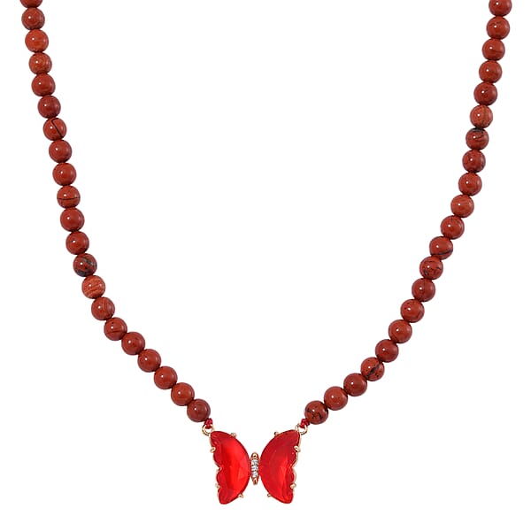 Shop Lc Red Glass Simulated Diamond And Red Jasper 105.15 Ctw Beaded Butterfly Necklace 17-22 Inches And Earrings In Goldtone