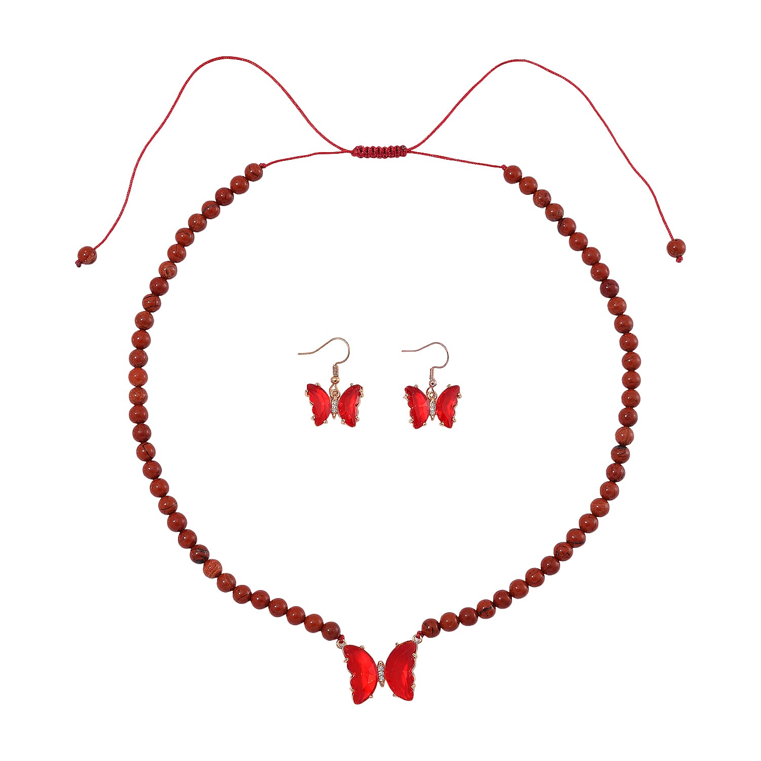 shop lc Red Glass Simulated Diamond and Red Jasper 105.15 ctw Beaded Butterfly Necklace 17-22 Inches and Earrings in Goldtone