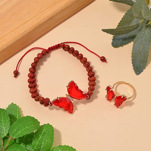 Shop Lc Red Glass Simulated Diamond And Red Jasper 49.05 Ctw Beaded Butterfly Adjustable Bracelet And Ring (Size 6-9) In Goldtone