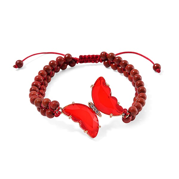 Shop Lc Red Glass Simulated Diamond And Red Jasper 49.05 Ctw Beaded Butterfly Adjustable Bracelet And Ring (Size 6-9) In Goldtone