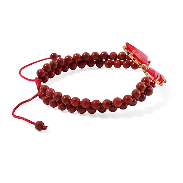 Shop Lc Red Glass Simulated Diamond And Red Jasper 49.05 Ctw Beaded Butterfly Adjustable Bracelet And Ring (Size 6-9) In Goldtone