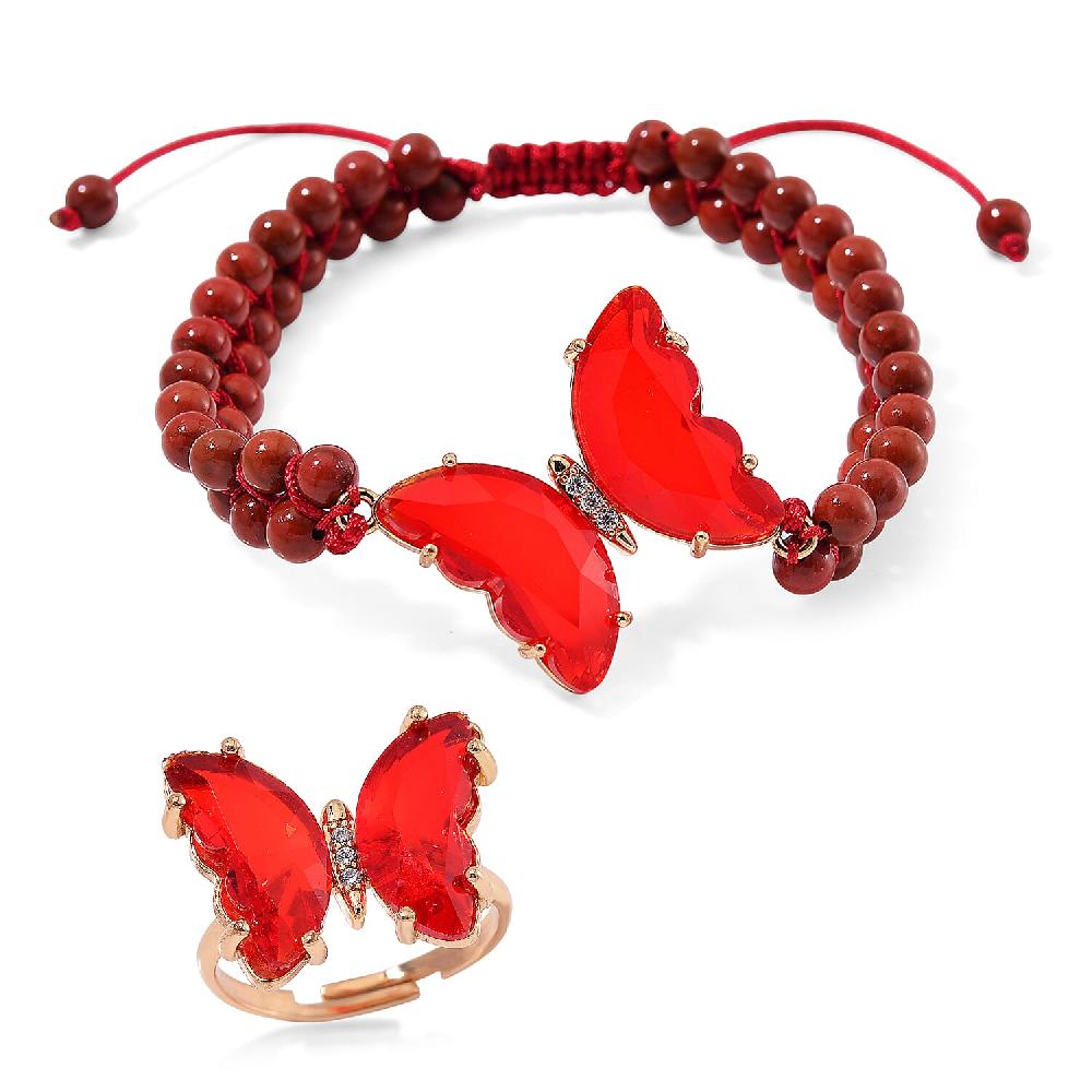 shop lc Red Glass Simulated Diamond and Red Jasper 49.05 ctw Beaded Butterfly Adjustable Bracelet and Ring (Size 6-9) in Goldtone
