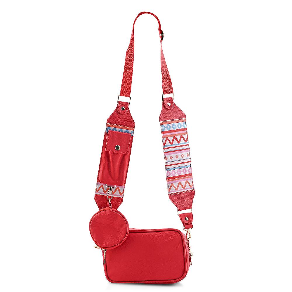 shop lc Red Intricate Tribal Pattern Pochette Belt Handbag with Flap Pocket