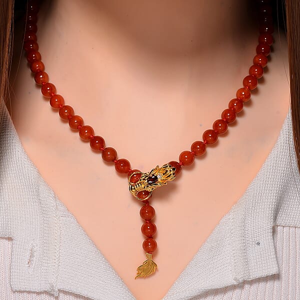 Shop Lc Red Jade (D) And Multi Gemstone 216.00 Ctw Dragon Necklace In 18K Vermeil Yellow Gold Over Sterling Silver 18-20 Inches