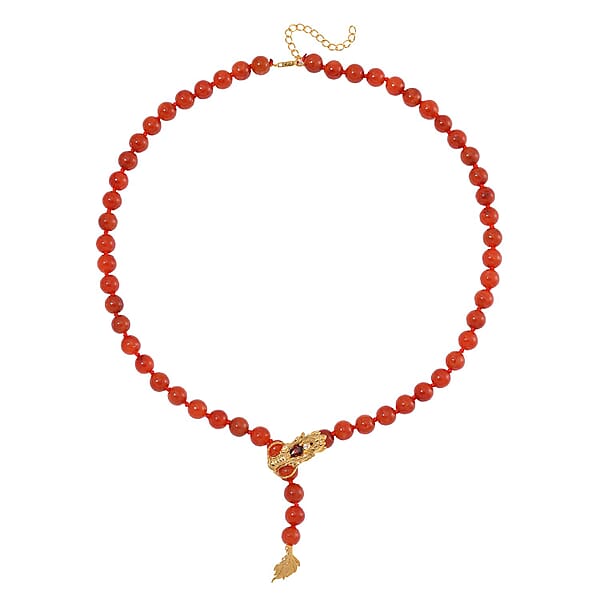 Shop Lc Red Jade (D) And Multi Gemstone 216.00 Ctw Dragon Necklace In 18K Vermeil Yellow Gold Over Sterling Silver 18-20 Inches