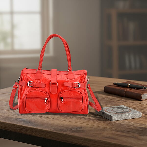 Shop Lc Red Patchwork Sheep Leather Crossbody Bag With Shoulder Strap