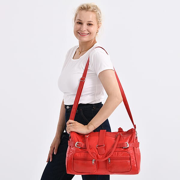Shop Lc Red Patchwork Sheep Leather Crossbody Bag With Shoulder Strap