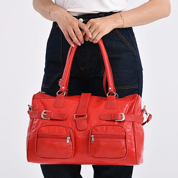 Shop Lc Red Patchwork Sheep Leather Crossbody Bag With Shoulder Strap