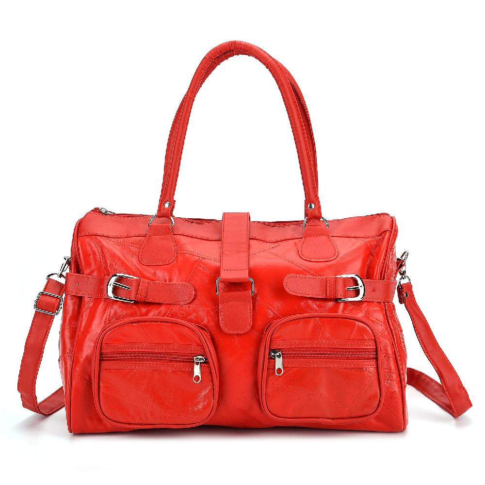 shop lc Red Patchwork Sheep Leather Crossbody Bag with Shoulder Strap